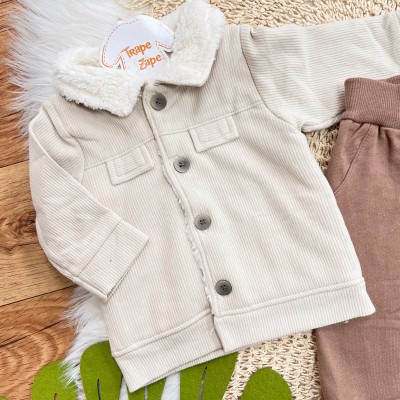 Conj. Casaco Canelado com Pelinho e Calça de Moletom - Areia